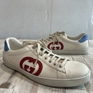 Gucci Ace Interlocking G Mens Leather White Red Sneaker Shoes 625783 - US 13